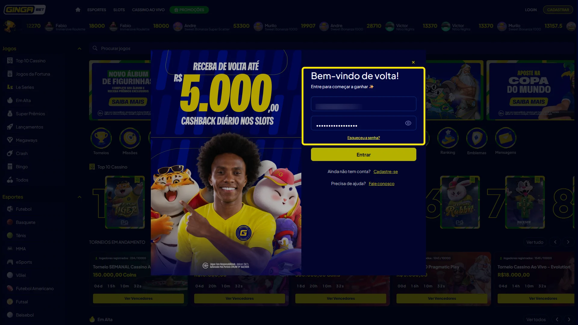 Insira suas credenciais de acesso nos campos seguros da Gingabet.